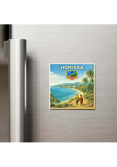 Retro Solomon Adaları Honiara Şehri Temalı Vintage Buzdolap Magneti 9x9 Cm
