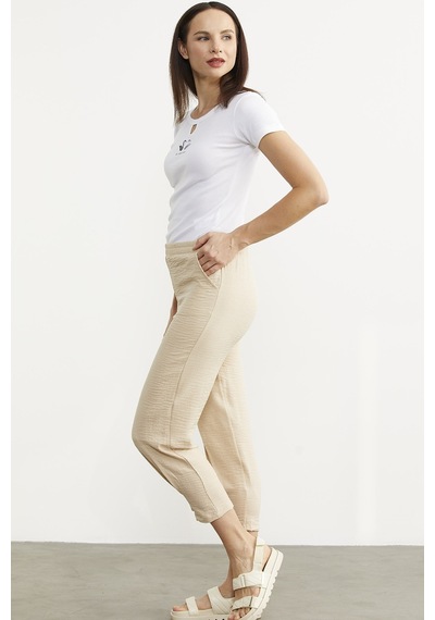 Paça Büzgü Detaylı Krep Pantolon - Taş 001