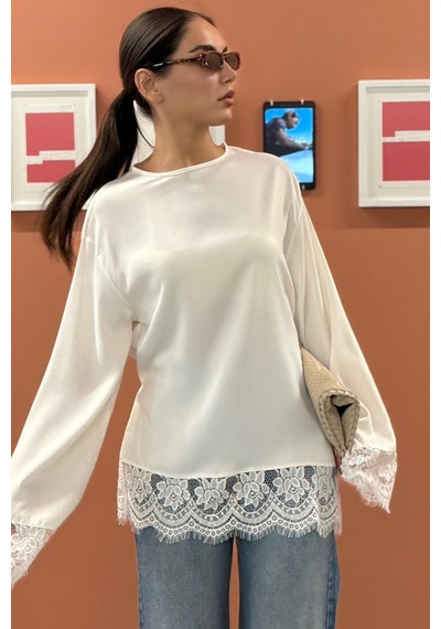 Madmext Beyaz Asimetrik Dantelli Uzun Kollu Saten Bluz Mg2799
