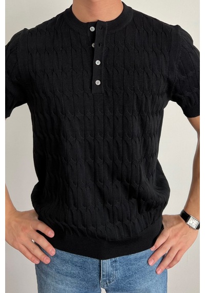 Tarz Cool Erkek Hakim Yaka Düğmeli Slim Fit Triko T-shirt Siyah