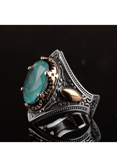 El Yapımı Vintage Erkek Yüzüğü - 925 Ayar Gümüş İle Üretilmiş Paraiba Taşı, Artisan Takı Gümüş