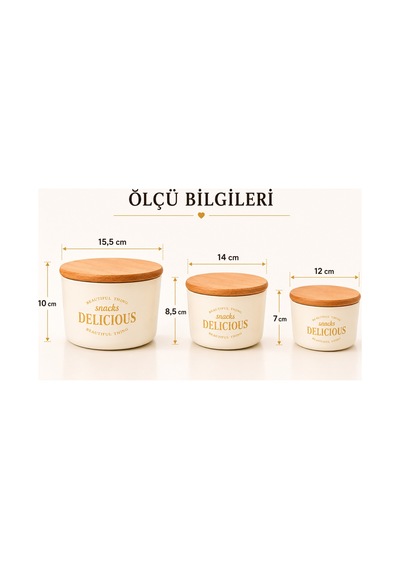 3 Lü Kapaklı Retro Dizayn Saklama Kabı Seti, Bambu Kapaklı, Mika Erzak Saklama Kabı, Bpa, Silikon Contalı Saklama Kutusu Krem