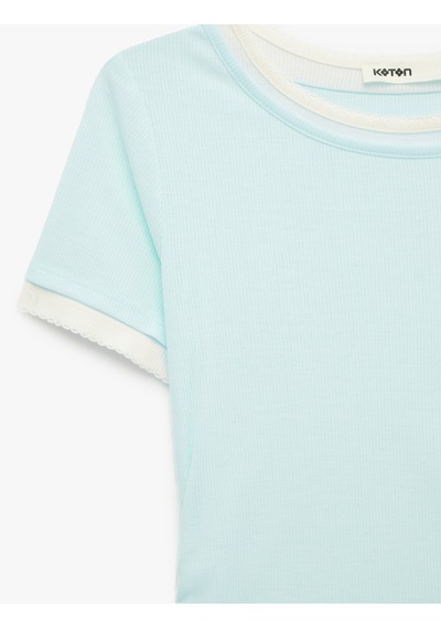 Koton Slim Fit Bisiklet Yaka Kısa Kollu Katmanlı Dantel Detaylı Tişört Mavi 6sak50468ek