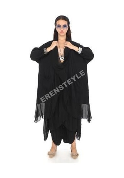 Eren Style Italyan Büyük Beden Ipek Detaylı Oversize Kaftan & Bluz-9896 Siyah
