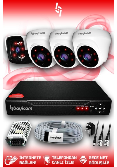 Bayicam 4 Kameralı Panda 3 İç Kamera Set HDD'siz Full HD Gece Görüşlü Güvenlik Kamerası Sistemi