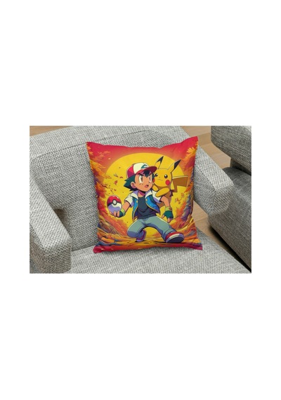 Ash And Pekemon Pikachu Desenli Kare Yastık Kılıfı Turuncu
