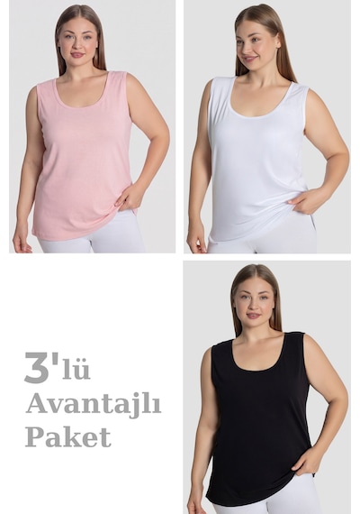 Arma Yıldız Kadın Pamuklu Büyük Beden Kalın Askılı Atlet 3'lü Paket Pembe Beyaz Siyah