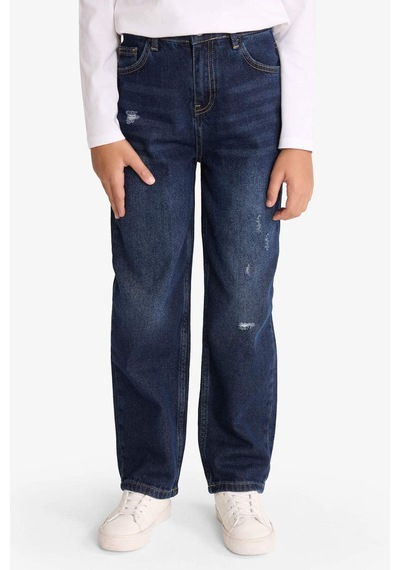 Defacto Erkek Çocuk Loose Fit Yırtık Detaylı Düz Paça Jean Pantolon G3069a825wnnm34 Mavi