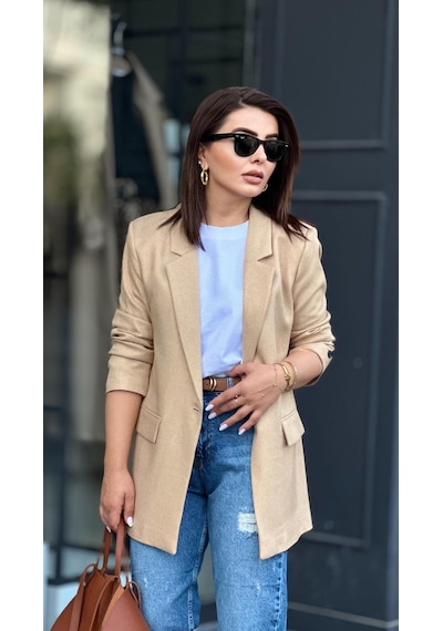 Taş Tek Düğme Yün Efekt Blazer Ceket Taş