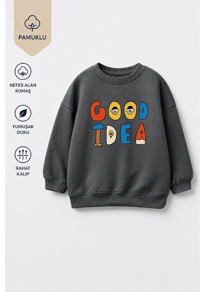 Monila Unisex Çocuk 3 İplik Kumaş Slogan Baskılı Pamuklu Sweatshirt Antrasit