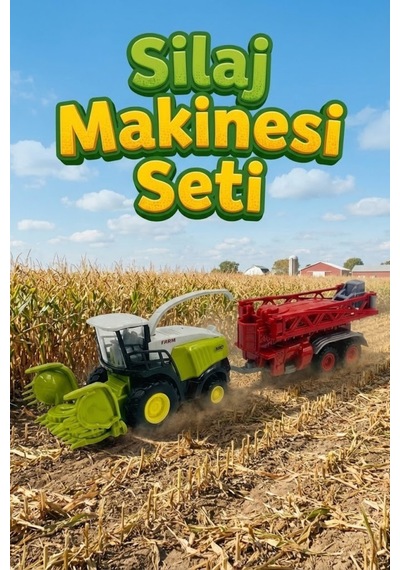 Diecast Metal Silaj Makinesi Ve Römork Seti - Oyuncak Biçerdöver Çiftlik Aracı - Yeşil Traktör