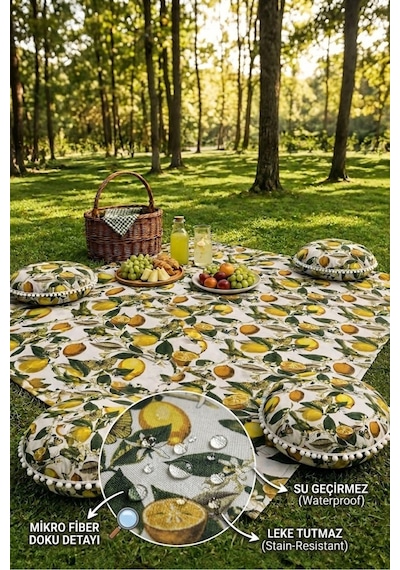 Piknik Seti Piknik Örtüsü Limon Desenli 4 Minderli Takım Su Sıvı Geçirmez Leke Tutmaz Çok Renkli