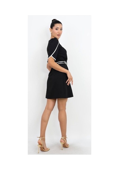 Dorne Moda Kemer Detaylı Mini Elbise Siyah Siyah