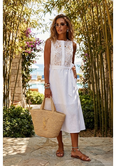 Lela Nakışlı Regular Fit Kolsuz Midi Bayan Elbise 611El00959 Ekru-Camel