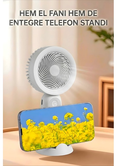 Şarjlı Taşınabilir Mini El Fanı 3 Kademeli Hız Ayarlı Telefon Standlı Vantilatör Gri