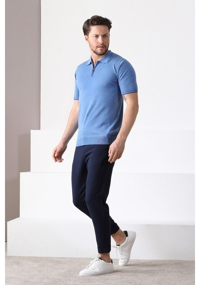Ferraro A.Havacı Polo Yaka Fermuarlı Erkek Pamuk Triko T-Shirt-Mavi