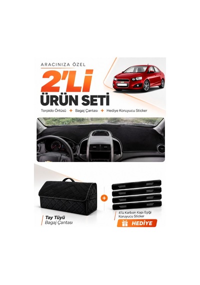 Chevrolet Aveo T300 2011-2015 Uyumlu Torpido Örtüsü + Tay Tüyü Bagaj Çantası Seti - Siyah