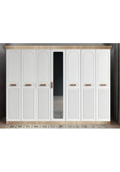 Etro Membran 7 Kapaklı Gardırop Montaj Dahil Meşe Beyaz 245 Cm