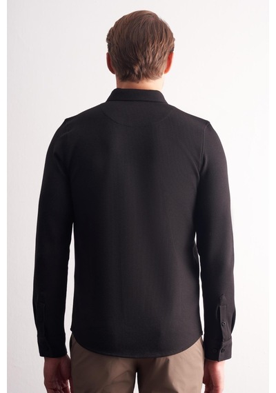 İmza Siyah Uzun Kol Düğmeli Yaka Kendinden Desenli Pamuklu Slim Fit Gömlek 1004255267 Siyah