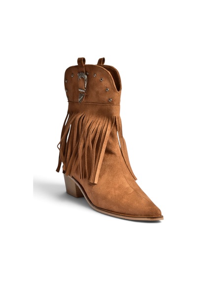 Fox Shoes Z726104202 Taba Süet Kalın Alçak Topuklu Püsküllü Kovboy Model Kadın Bot