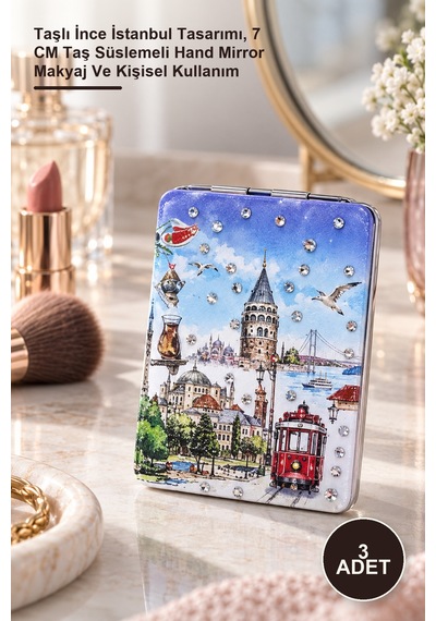3 Adet El Aynası Taşlı İnce İstanbul Tasarımı, 7 Cm Taş Süslemeli Hand Mirror Makyaj Ve Kişisel Kullanım Sarı