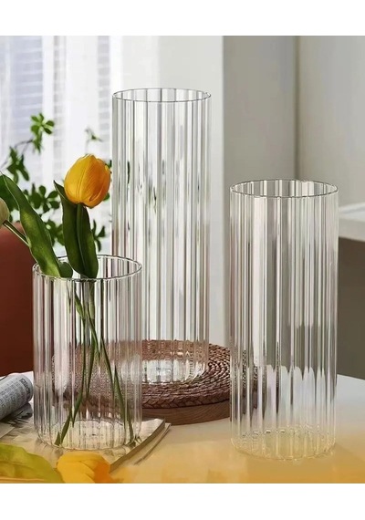 Optik Cizgili Silindir Cam Vazo Borosilikat 10 Cm Genişlik 20 Cm Yükseklik 1 Adet Beyaz