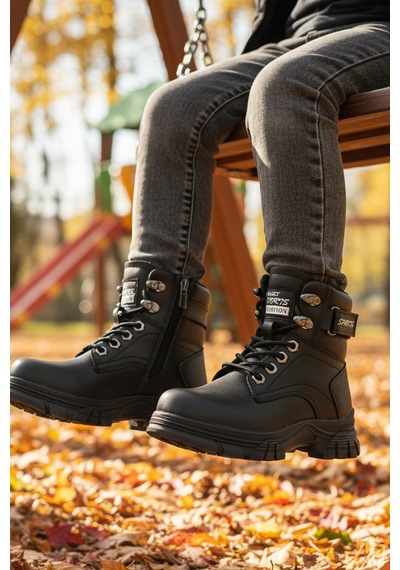 Siyah İçi Polarlı Kaymaz Taban Unisex Çocuk Bot 24035 F Siyah