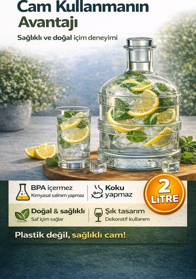 Cam Damacana Sürahi 2 Litre Detoks & Limonata Şişesi, Dekoratif Cam İçecek Dispenseri