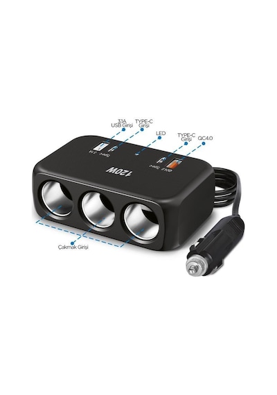 Torima G18 Siyah 120w Çoklu Çıkışlı Araç Şarj Cihazı 2x Type-c, Usb, Qc4.0 & 3 Çakmaklık Girişli