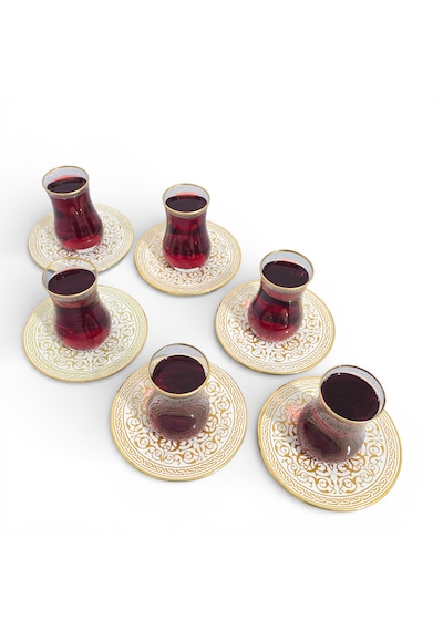 Sudedi Home Altın Yaldızlı Osmanlı Desenli 6 Lı Çay Bardağı Ve Tabak Seti Renkli