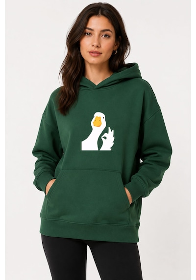 Herkesemoda Ördek Baskılı Kapüşonlu 2 İplik Şardonlu Sweatshirt Yeşil