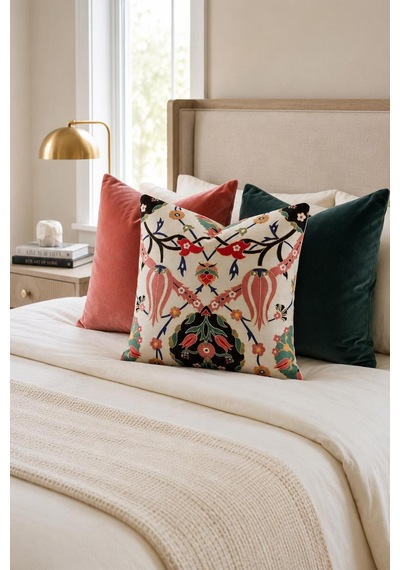 Premium Goblen Nakış Kırlent Kılıf 40 Cm X 40 Cm - 1 Adet Acı Kahve - Pembe