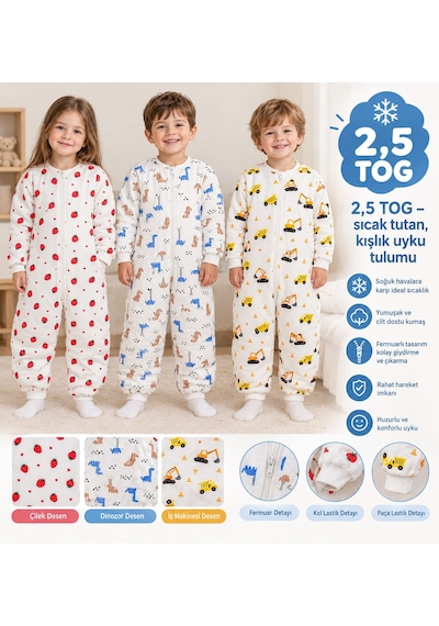 Bebelove Erkek Çocuk 2,5 Tog Beyaz Kepçe Ve Kamyon Desenli Uyku Tulumu