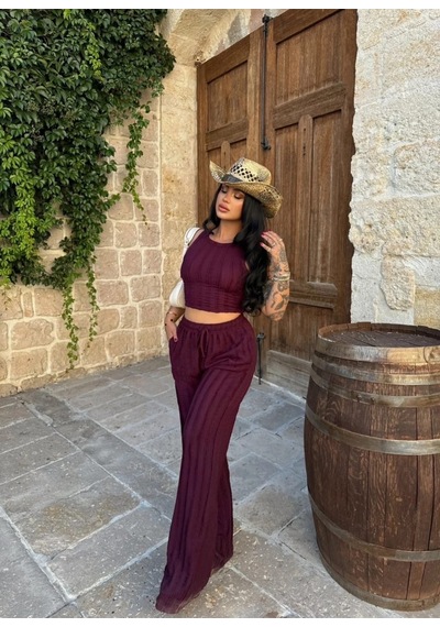 Evoa Kadın Bordo Halter Yaka Crop & Bol Paça Pantolon Fırfır Detaylı Gagari Takım Bordo Bordo