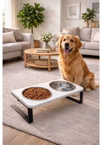 Reyo Ok-ay Store Radessa Xl Yüksek Standlı Çift Hazneli Mama Ve Su Kabı, Büyük Ve Orta Boy Köpek Ve Kedi Su Kabı Paslanmaz Çelik Beyaz