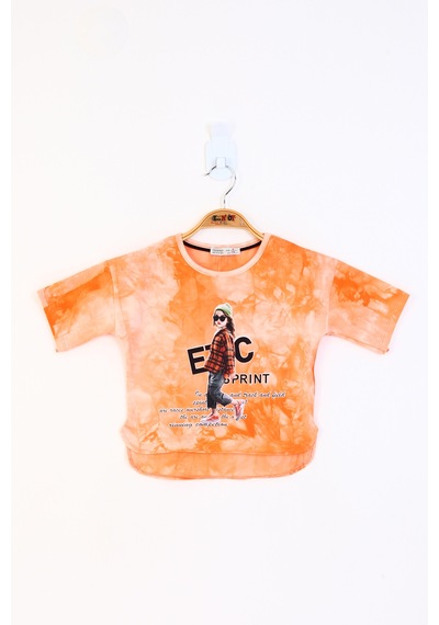 Toontoy Kids Toontoy Kız Çocuk Batik Desenli Düşük Kol Baskılı Tişört Turuncu