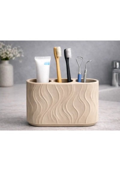 3d Baskı Üç Bölmeli Diş Fırçalık Dalga Desenli Banyo Organizeri Minimalist Diş Fırçası Tutucu Bej