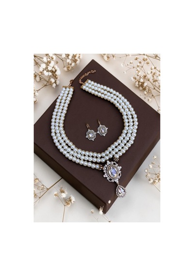 Beyaz Kristal Taşlı İnci Kolye Ve Küpe Seti 72418040