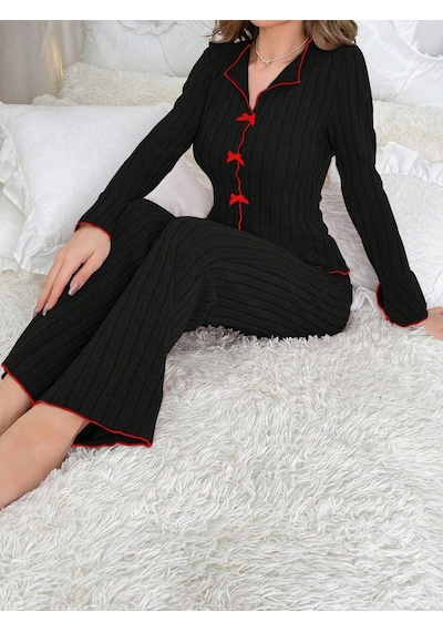 Bella Notte Pamuklu Kırmızı Fiyonk Detaylı Mevsimlik Pijama Takımı Siyah