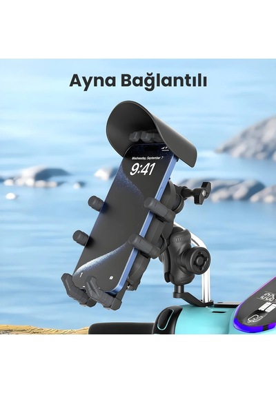 Bix Bmph05 Ayna Bağlantılı Güneş Ve Yağmur Korumalı 360 Ayarlanabilir Motosiklet Telefon Tutucu Siyah