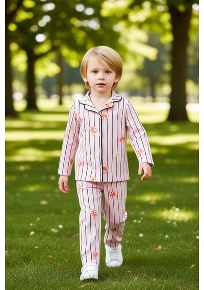 Ersefa Sevimli Ayıcık Baskılı Yumuşak Erkek Çocuk Pijama Takımı Kaliteli Pudra