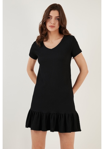 Lela Regular Fit Fırfırlı V Yaka Bürümcük Mini Bayan Elbise 5865071 Siyah