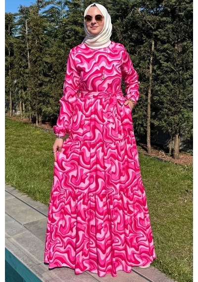Rabia Şamlı Su Desenli Elbise Pembe Normal