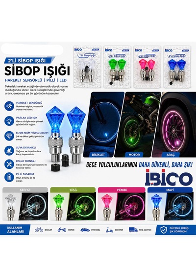2pcs Mavi Elmas Kesim Prizma Model Sibop Işık Pilli Bisiklet - Motor - Araç Hareket Sensörlü İ18-021 5580