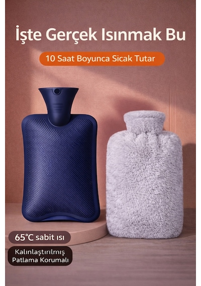 Sıcak Su Torbası Yumuşacık Peluş Kılıflı Sıcak Su Torbası 2l Kapasiteli Yıkanabilir Kılıf Gri
