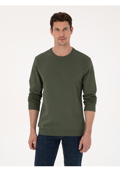 Haki Regular Fit %100 Pamuk 3 İplik Bisiklet Yaka Sweatshirt Yeşil