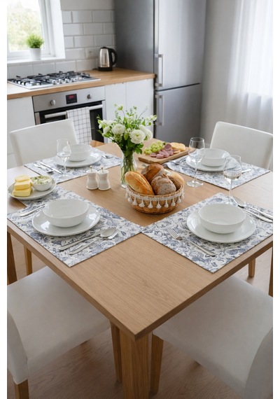 Mavi Beyaz Bohem Tarz Çiçek Desenli Sofra Sunum Altlığı 6 Lı Set - 30x40 Cm Supla & Amerikan Servis