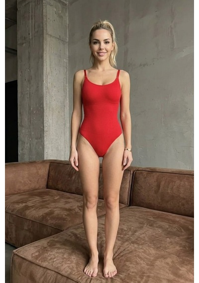 Kadın Yüksek Bel Dar Kesim Streç Kırmızı Body