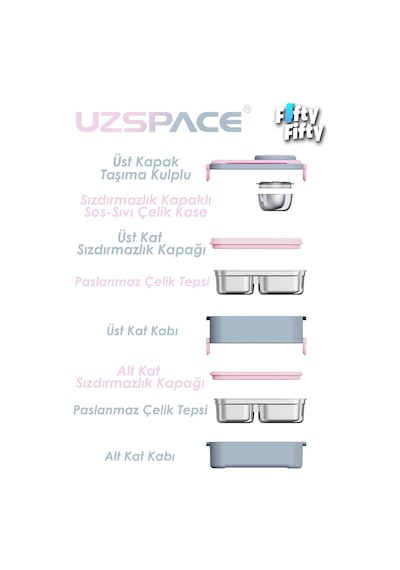 Uzspace 1200 Ml İki Kat Dört Bölme Paslanmaz Çelik Lunch Box Yeni Nesil Sefer Tası-sos Kaseli Model-fflbox8023 Bej