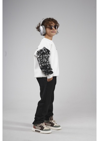 King-Brich Kingbrich Kids Bisiklet Yaka Kolu Garnili Baskılı Çocuk Sweatshirt Ekru